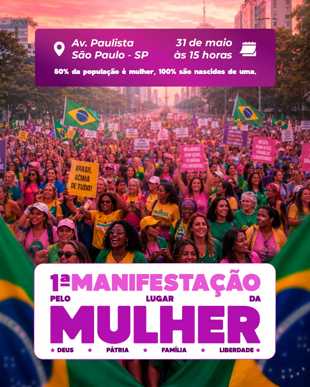 Cartaz da manifestação pelo lugar da mulher na Avenida Paulista